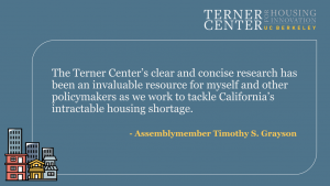 The Terner Center's clear and concise research has been an invaluable resource for myself and other policymakers as we work to tackle California's intractable housing shortage. Quote from Assemblymember Timothy S. Grayson