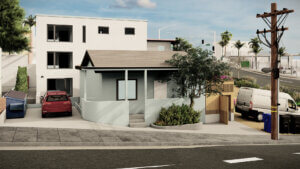 Architectural rendering of three story ADU behind main single-family home
