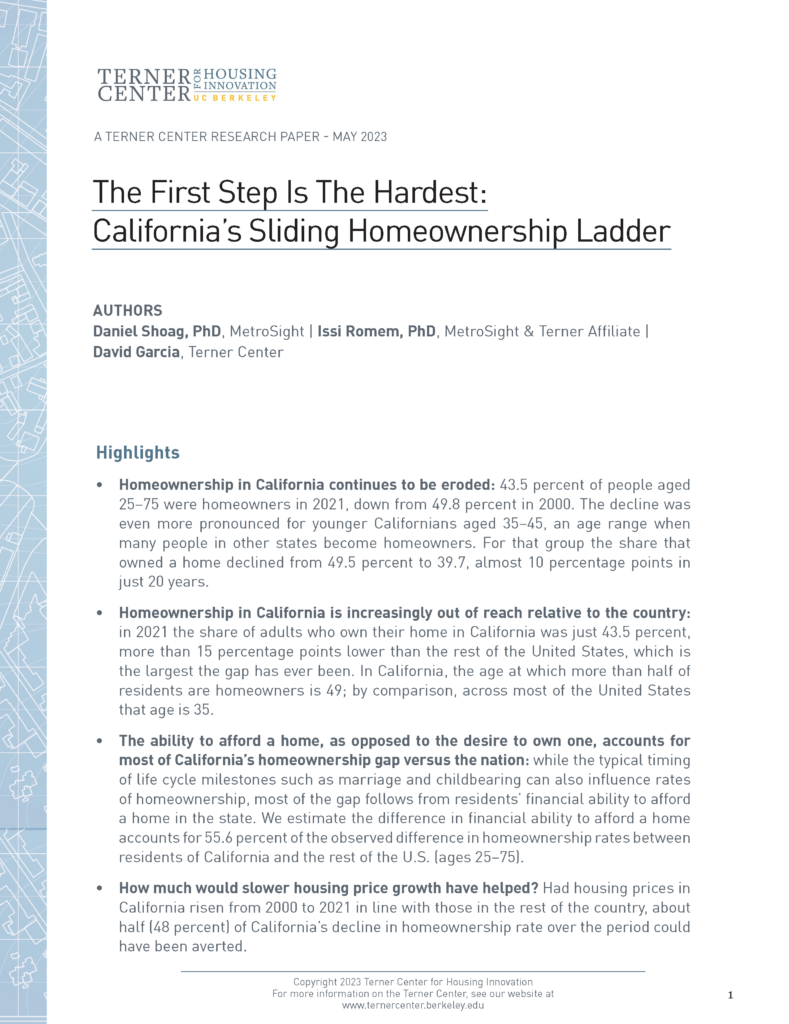 Cover page of "the First Step Is the Hardest: California's Sliding Homeownership Ladder"