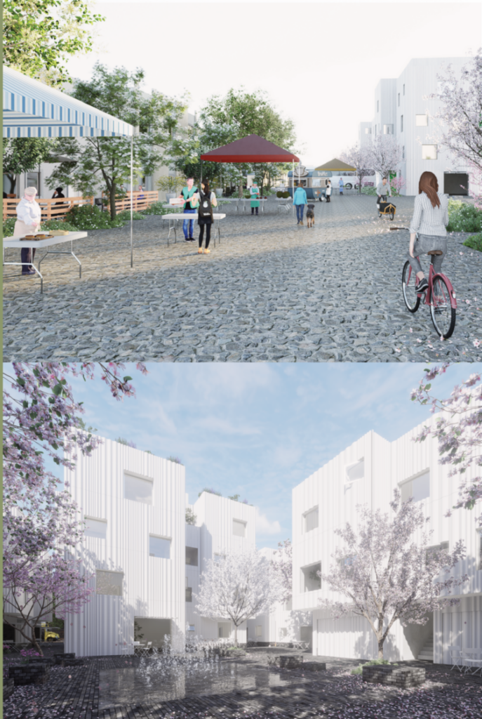 Architectural rendering of the New Medium housing development with community space and mid-size buildings