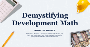 Text: Demystifying Development Math | Images of calculator, hard hat, pencil, and development plan