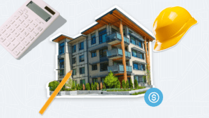 Graphic with housing development, pencil, calculator, and hard hat